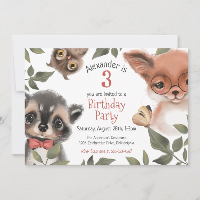 Invitation Cute Woodland Animaux Enfants 3e fête d'anniversai (Devant)
