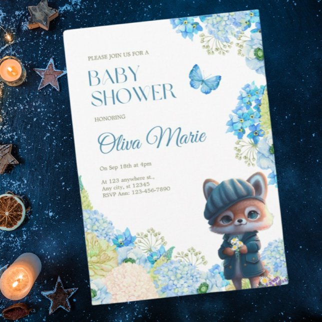 Invitation Cute Woodland Animaux Fox Blue Floral Baby shower (Créateur téléchargé)