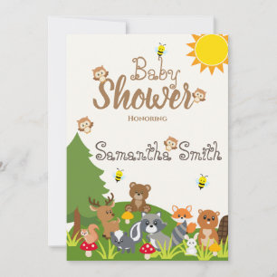 Invitation Cute Woodland Animaux Green Tree Sun Baby shower
