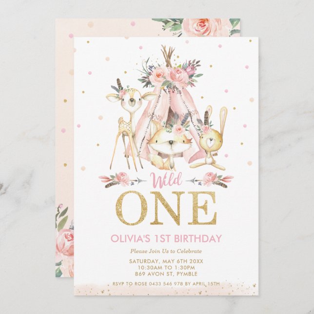 Invitation Cute Woodland Animaux Tribal Girl Un 1er anniversa (Devant / Derrière)