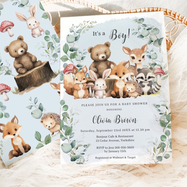 Invitation Cute Woodland Animaux Végétation Boy Baby shower (Créateur téléchargé)