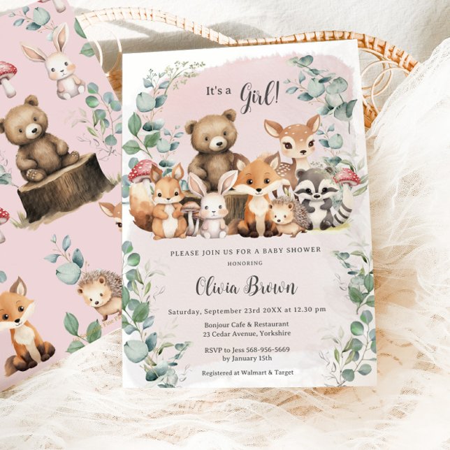 Invitation Cute Woodland Animaux Verdure Girl Baby shower (Créateur téléchargé)