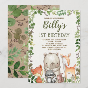 Invitation Cute Woodland Forest Animaux 1er anniversaire