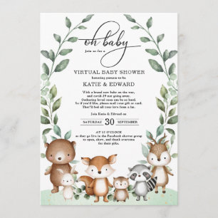 Invitation Cute Woodland Green Animaux Baby shower virtuel