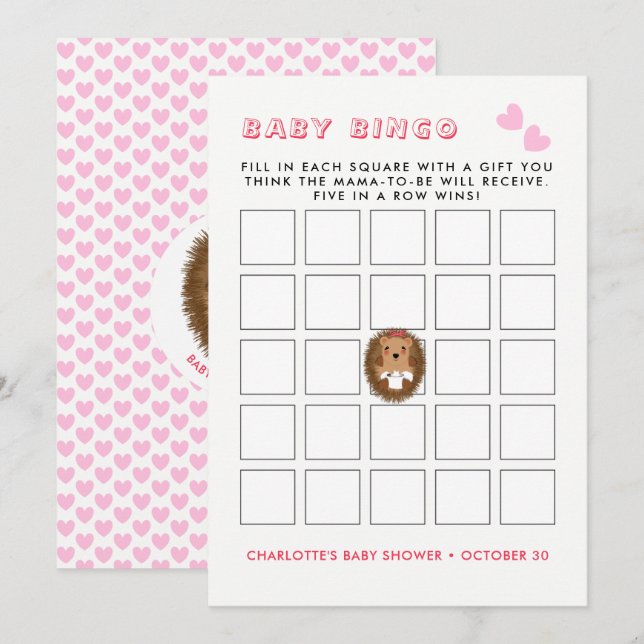 Invitation Cute Woodland Hérisson Baby Girl Douche Bingo Jeu (Devant / Derrière)