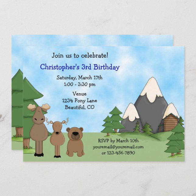 Invitation Cute Woodland Mountain Animaux Boy's Birthday (Devant / Derrière)