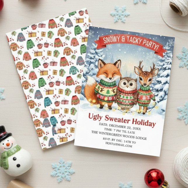 Invitation Cute Woodland Ugly Sweater Holiday Watercolor  (Créateur téléchargé)