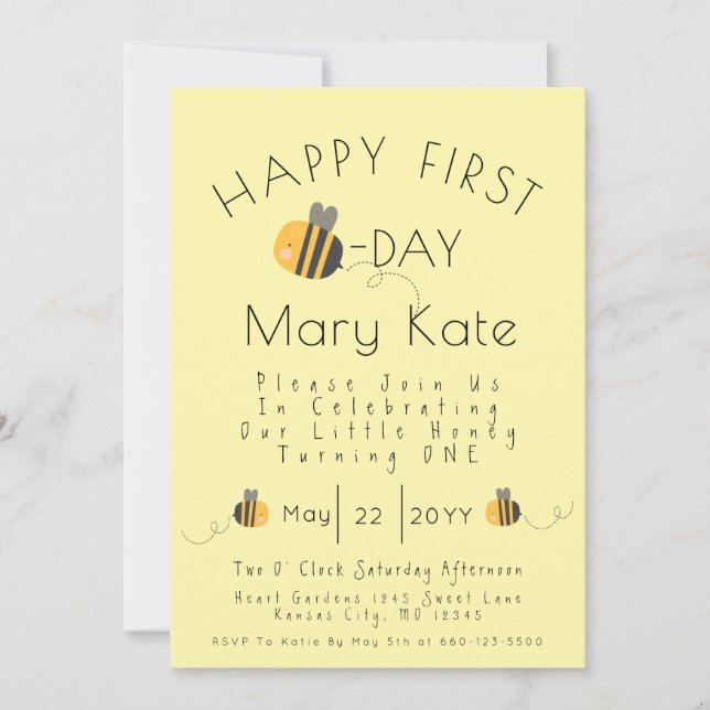 Invitation Cute Yellow Customized Honey Bee First Birthday  (Devant)