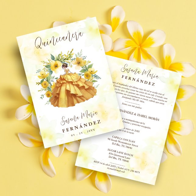 Invitation Cute Yellow Gown Garland Spanish Photo Mis XV (Créateur téléchargé)