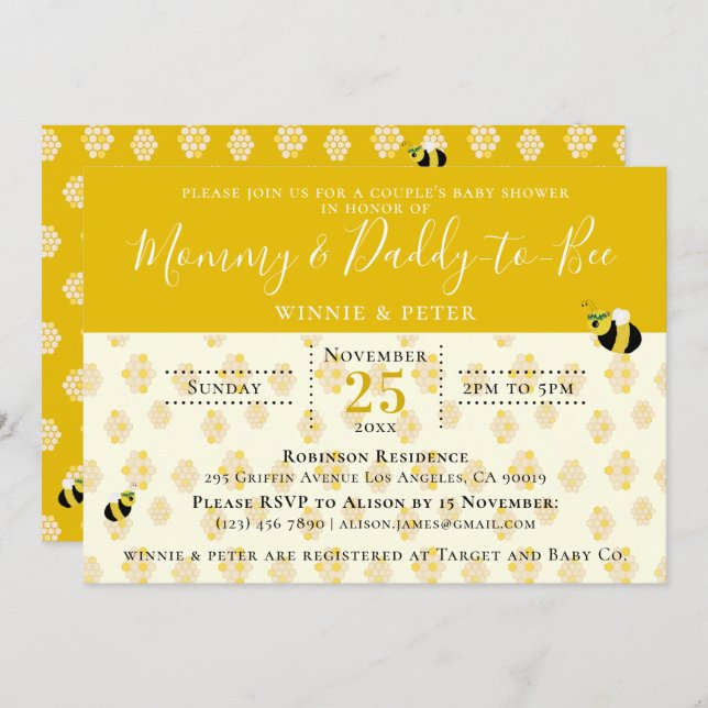Invitation Cute Yellow Honeycomb Baby shower de Bee Couple (Devant / Derrière)