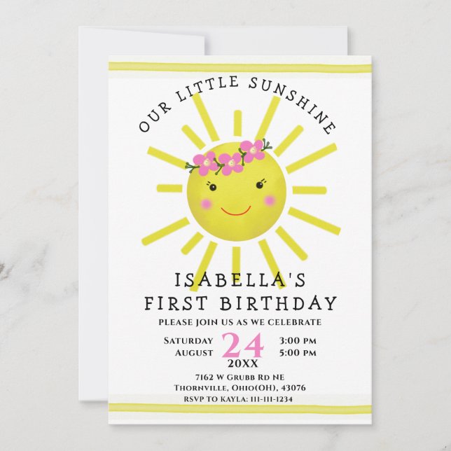 Invitation Cute Yellow Sunshine 1ère fête d'anniversaire (Devant)