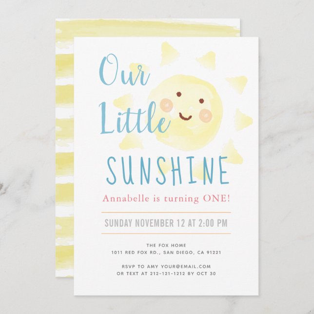 Invitation Cute Yellow Sunshine Girl 1er anniversaire fête (Devant / Derrière)