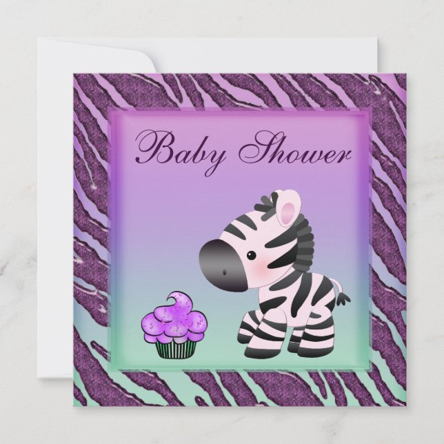 Invitation Cute Zebra & Cupcakes Purple Baby shower (Devant)