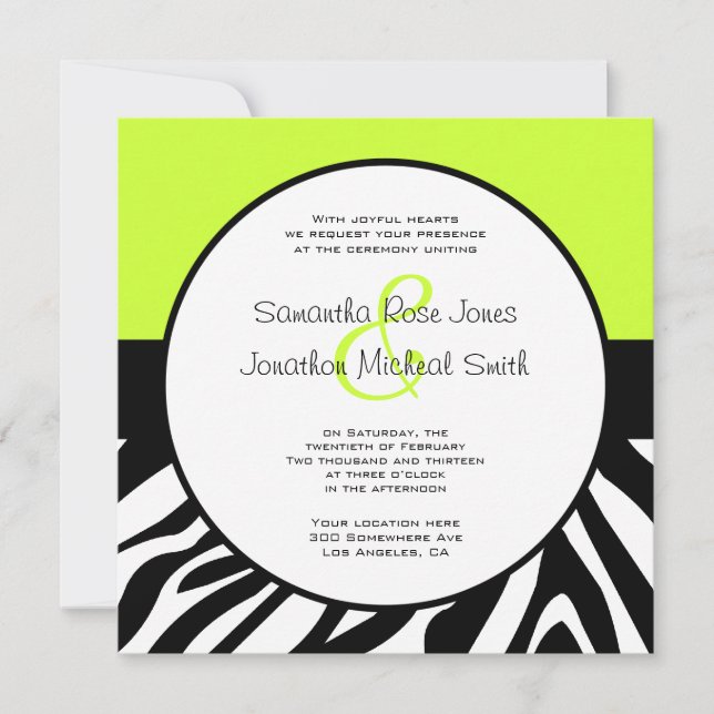 Invitation Cute Zebra Imprimer Lime Personnalisé Vert Mariage (Devant)