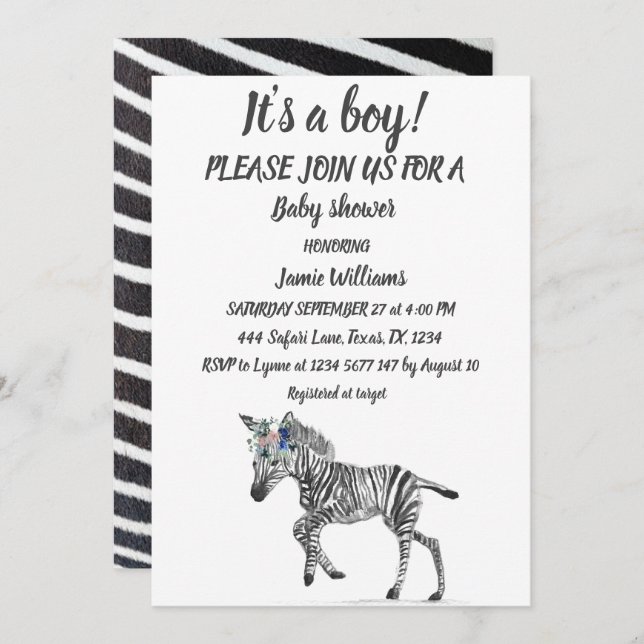 Invitation Cute Zebra Safari Jungle animal motif Baby Boy (Devant / Derrière)