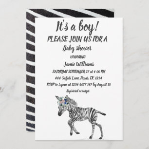 Invitation Cute Zebra Safari Jungle animal motif Baby Boy