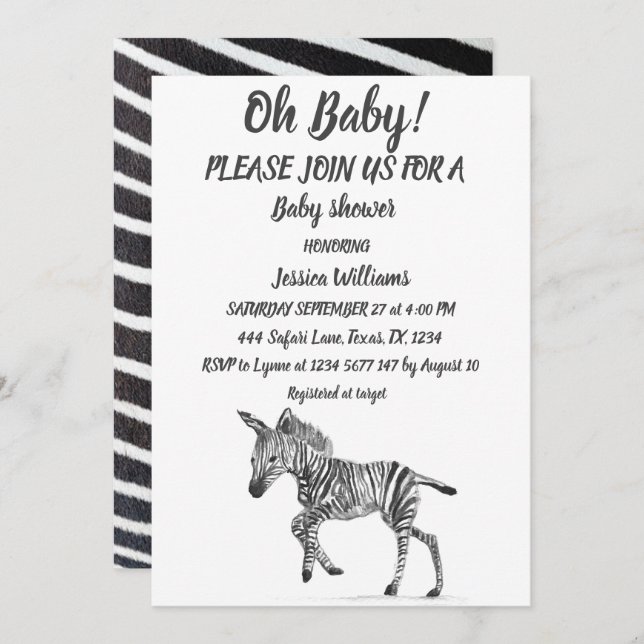 Invitation Cute Zebra Safari Jungle animal motif Baby boy (Devant / Derrière)