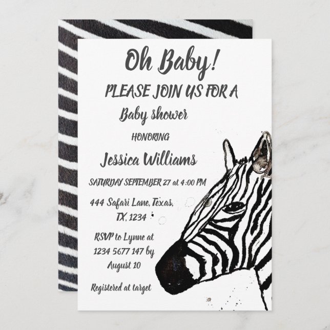 Invitation Cute Zebra Safari Jungle animal motif Baby boy I (Devant / Derrière)
