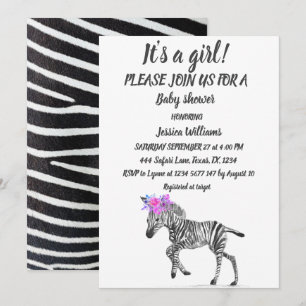 Invitation Cute Zebra Safari Jungle animal motif bébé fille