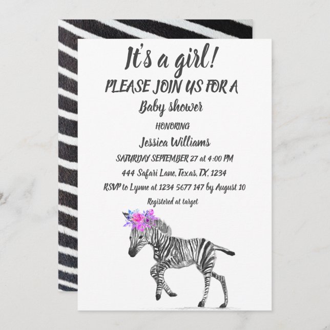 Invitation Cute Zebra Safari Jungle animal motif bébé fille (Devant / Derrière)