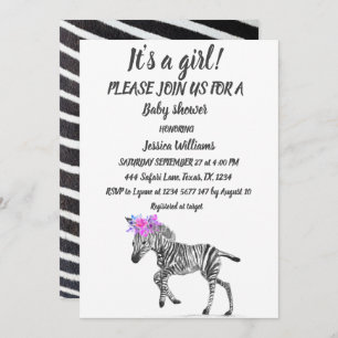 Invitation Cute Zebra Safari Jungle animal motif bébé fille