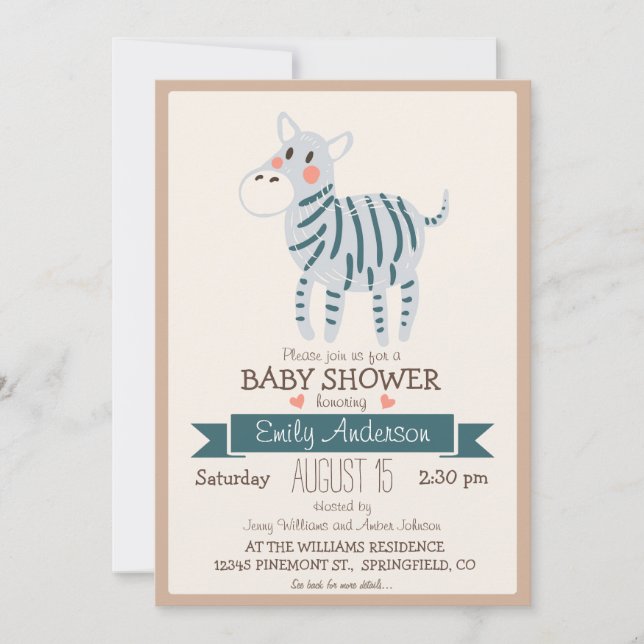 Invitation Cute Zebra, Zoo Jungle Baby shower animal (Devant)