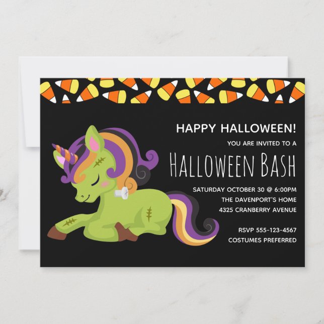 Invitation Cute Zombie Unicorn Halloween Party (Devant)