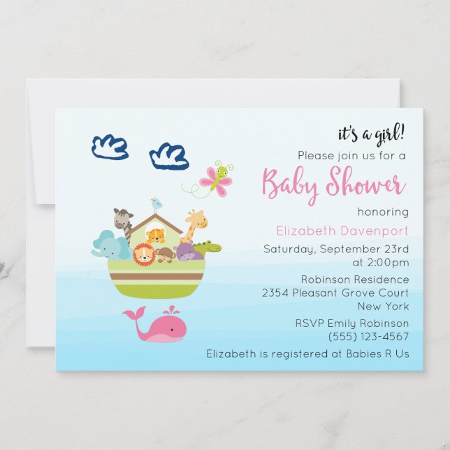 Invitation Cute Zoo Animal Ark Baby Girl Douche (Devant)