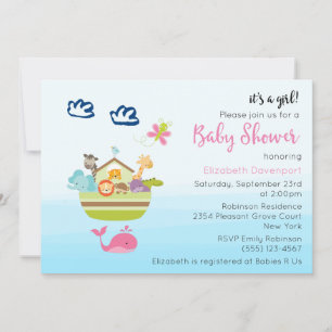 Invitation Cute Zoo Animal Ark Baby Girl Douche
