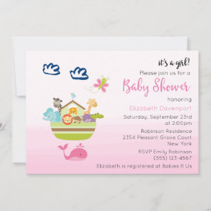 Invitation Cute Zoo Animal Ark Rose Baby Girl Douche