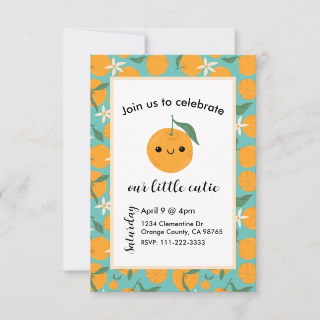 Invitation Cutie Clementine Mandarin Tangerine Orange Bleu (Devant)