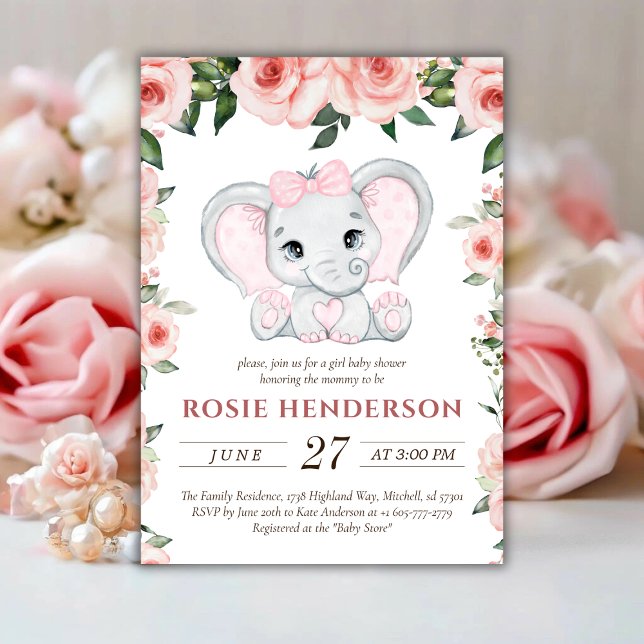 Invitation Cutie Elephant Blush Rose Floral Girl Baby shower (Cutie Elephant Blush Pink Floral Girl Baby Shower Invitation)