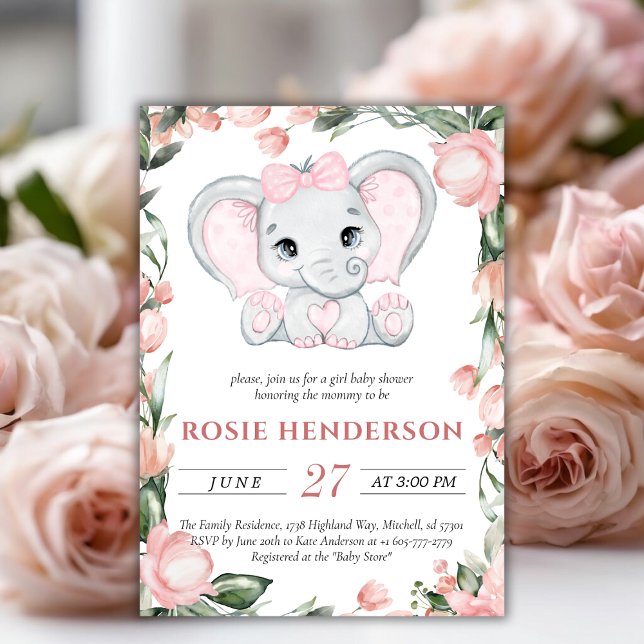 Invitation Cutie Elephant Blush Rose Floral Girl Baby shower (Cutie Elephant Blush Pink Floral Girl Baby Shower Invitation!)