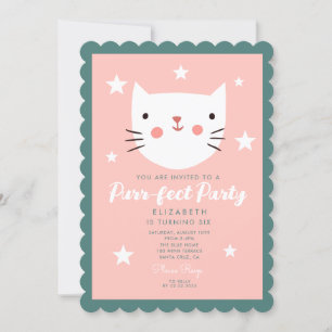 Invitation Cutie Kitty Rose Vert Violet Étoiles Anniversaire