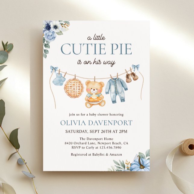Invitation Cutie Pie Blue Fall Teddy Bear Baby shower garçon (Créateur téléchargé)