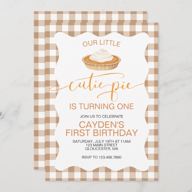 Invitation Cutie Pie citrouille pie Chute plaid Premier anniv (Devant / Derrière)
