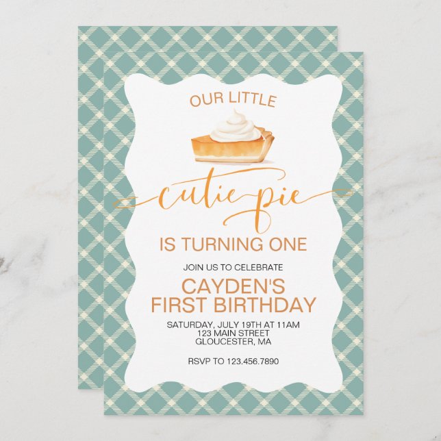 Invitation Cutie Pie citrouille pie Chute plaid Premier anniv (Devant / Derrière)