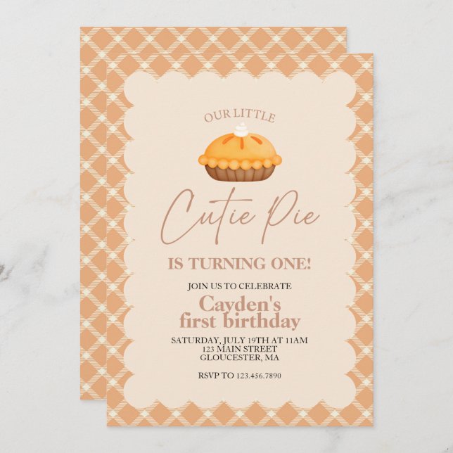 Invitation Cutie Pie citrouille pie Chute plaid Premier anniv (Devant / Derrière)