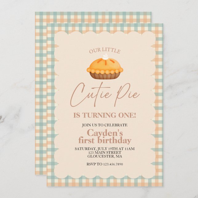 Invitation Cutie Pie citrouille pie Chute plaid Premier anniv (Devant / Derrière)