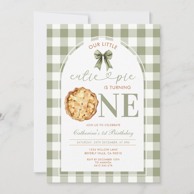 Invitation Cutie Pie First Birthday Green Gingham (Devant)