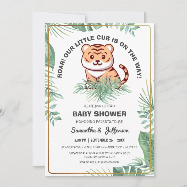 Invitation Cuties Verdure Forêt tropicale Baby shower de tigr (Devant)
