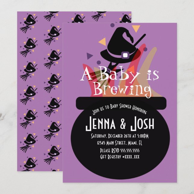 Invitation Cuve de Sorcière Halloween Bébé Shower Épouvante (Devant / Derrière)