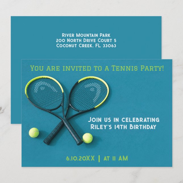 Invitation Cyan Anniversaire Raquettes et Balls Tennis (Devant / Derrière)