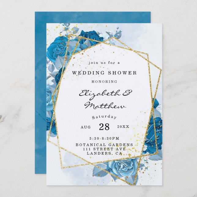 Invitation Cyan Blue Florals Gold Wedding shower géométrique (Devant / Derrière)