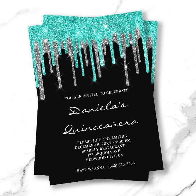 Invitation Cyan Silver Glitter Drips Black Quinceañera (Cyan Silver Glitter Drips Black Quinceañera Invitation)