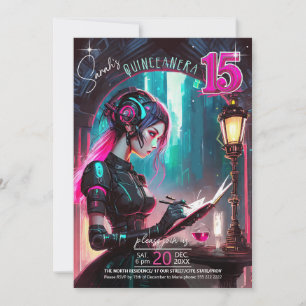 Invitation Cyberpunk Quinceanera Hot Pink/Turquoise ID1027
