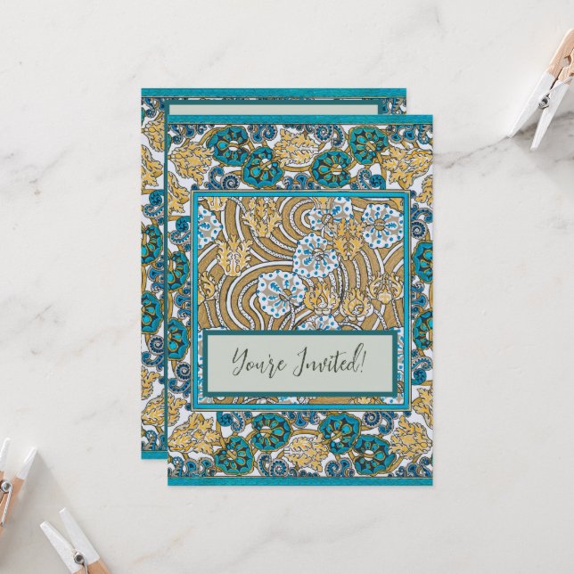 Invitation cyclamen bleu art nouveau fleur botanique (Devant/Arrière en situation)