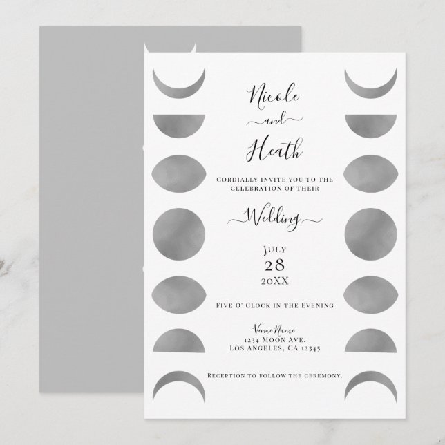 Invitation Cycles de Phases Lunaires Argent Gris et Blanc Mar (Devant / Derrière)