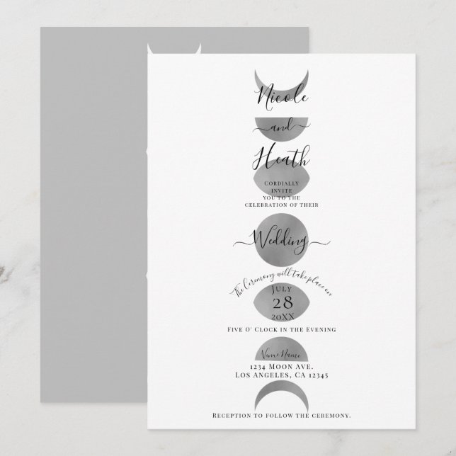 Invitation Cycles de Phases Lunaires Argent Gris et Blanc Mar (Devant / Derrière)