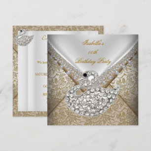 Invitation Cygne Beige Or Damassé Blanc Élégant Anniversaire